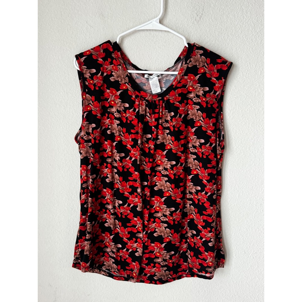 Emily Stacy Womens 2X Black Red Floral Sleeveless Pleated Scoop Neck Knit Blouse